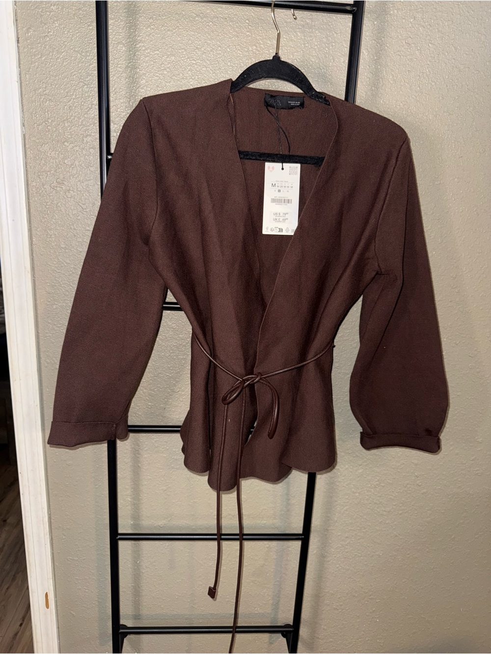 Zara Wrap Cardigan Sweater Brown Tie Waist Peplum Long Sleeve NWT Size M